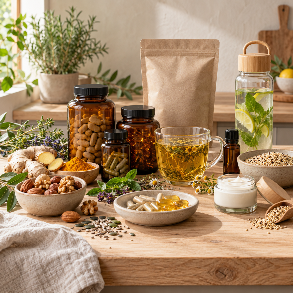 Helsekost med vitaminer, kosttilskud, urtete, nødder, frø og naturlig hudpleje