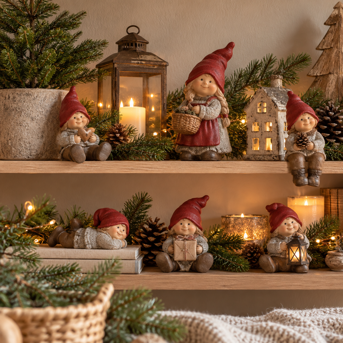 Hyggelige nissefigurer arrangeret med gran, kogler, lanterne og julelys