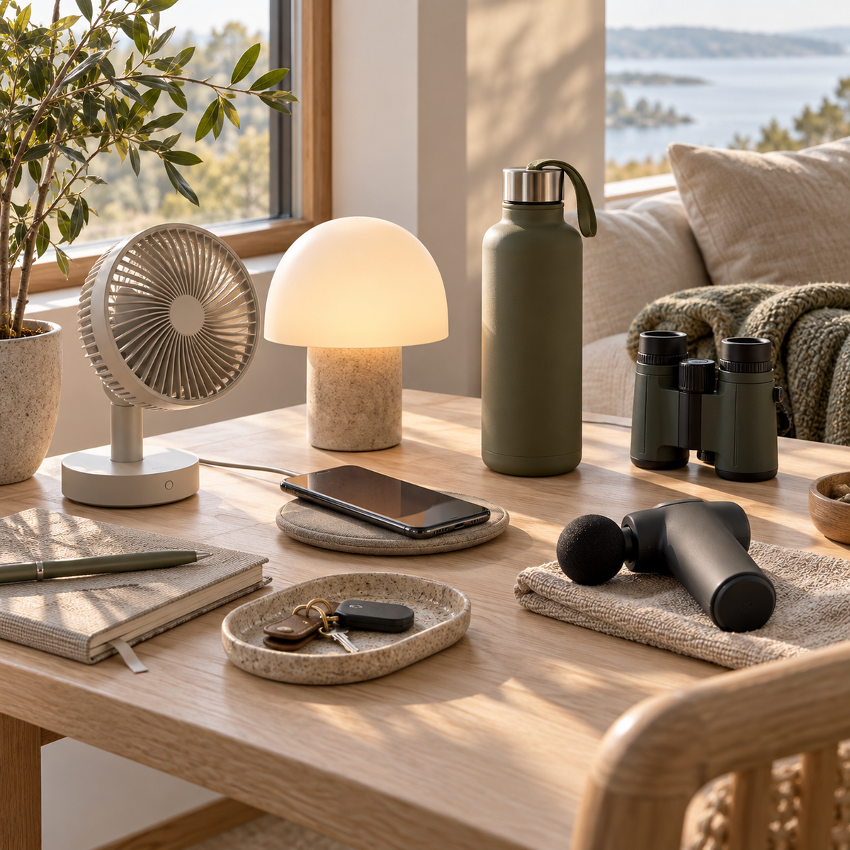 Praktiske gadgets med lampe, ventilator, oplader, drikkeflaske og massageudstyr