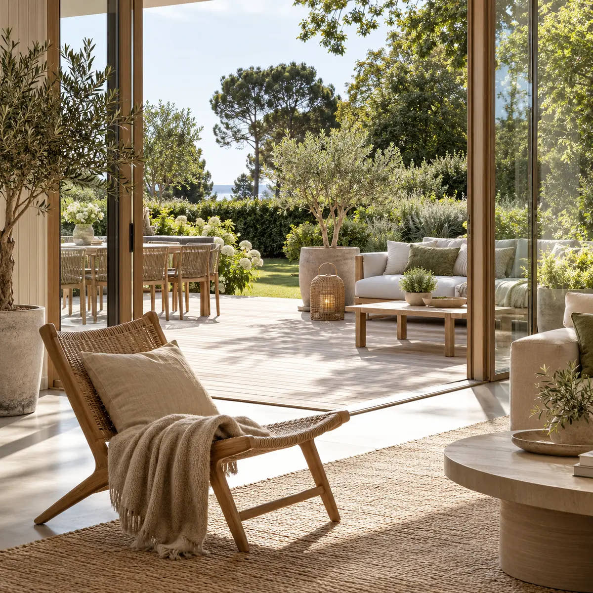 Nordisk bolig med åben terrasse, havemøbler og grøn have