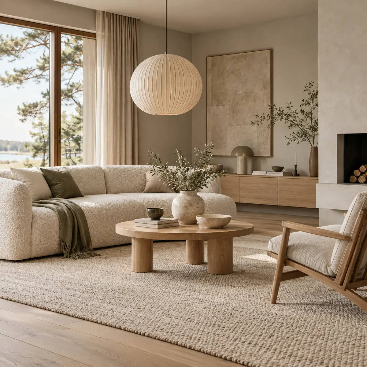 Moderne boligindretning med sofa, spisebord og træmøbler