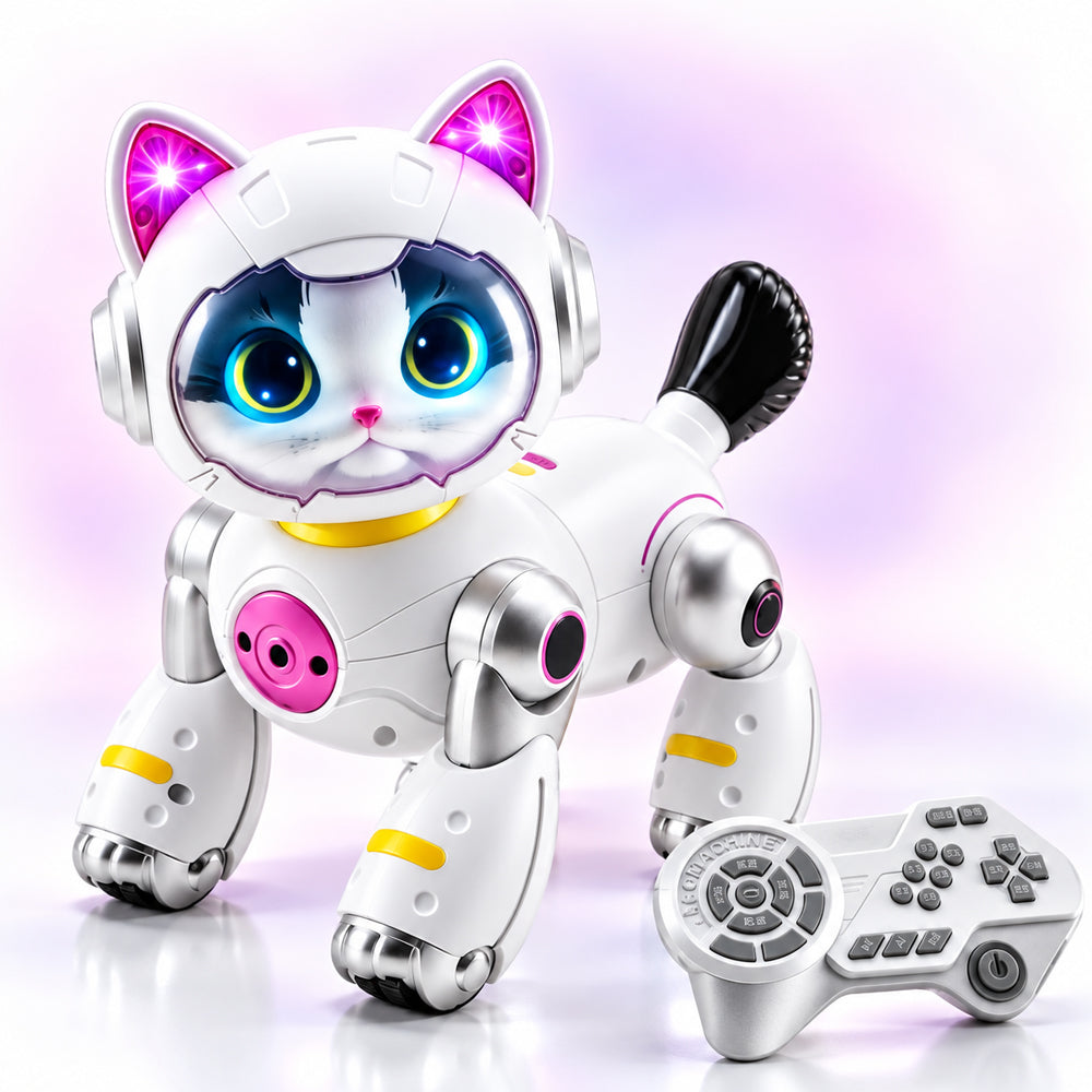 Fjernstyret robotkat med sødt ansigt, lys og bevægelige ben
