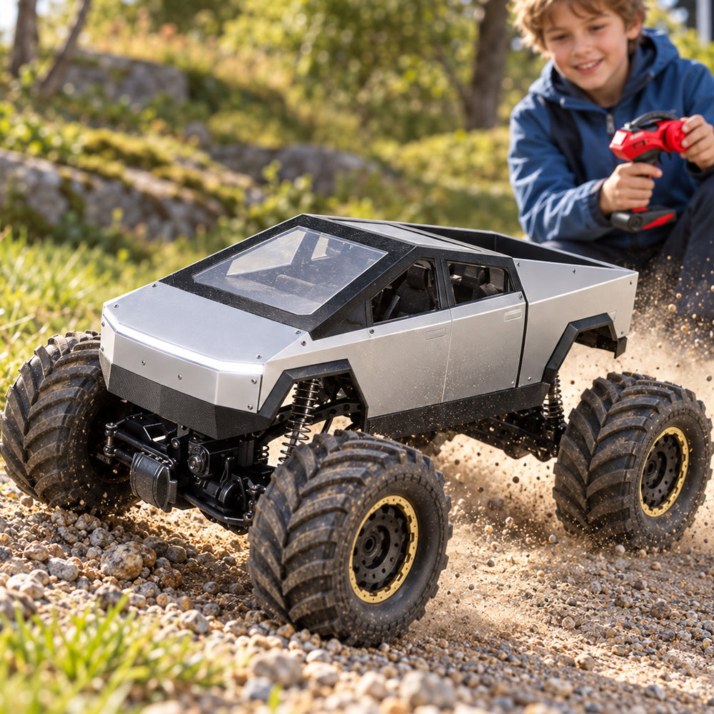 Fjernstyret offroad-pickup med store hjul, 4-hjulstræk og råt design