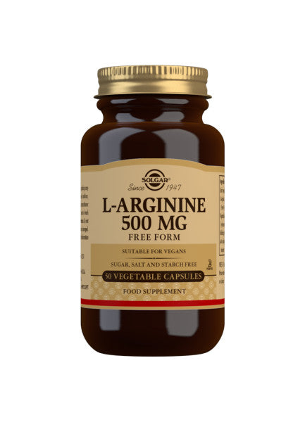 Glas med Solgar L-Arginine 500 mg kosttilskud, 50 kapsler