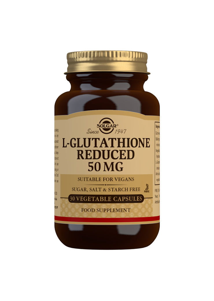 Glas med Solgar L-Glutathione Reduced 50 mg, 30 kapsler