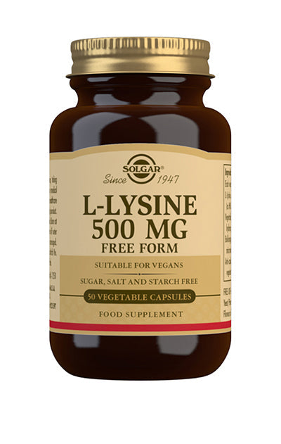 Glas med Solgar L-Lysine 500 mg, 50 kapsler