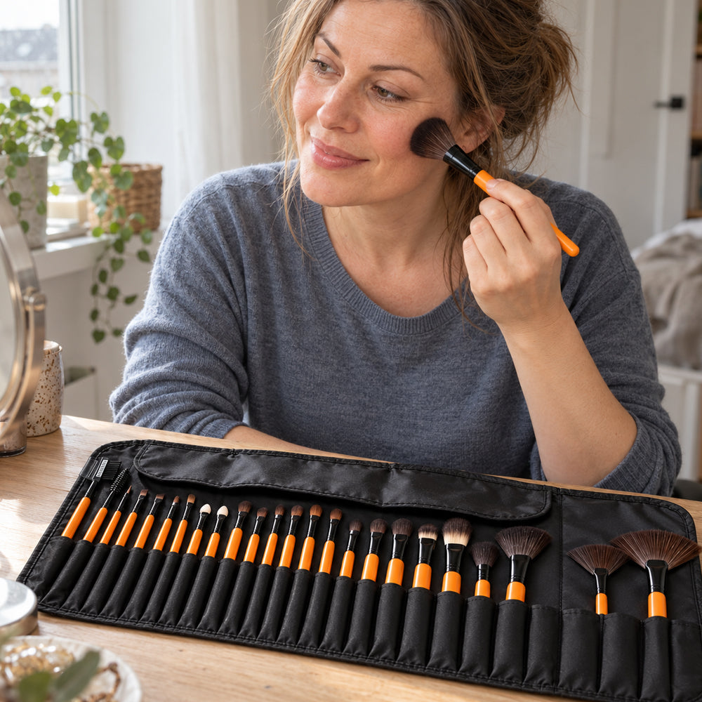 Makeupbørstesæt med 24 børster, pensler og applikatorer i foldbart sort etui