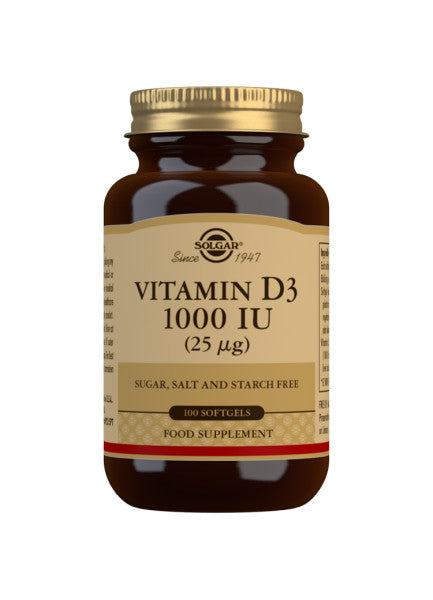 Pakning med Solgar Vitamin D3 1000 IU, 100 softgels