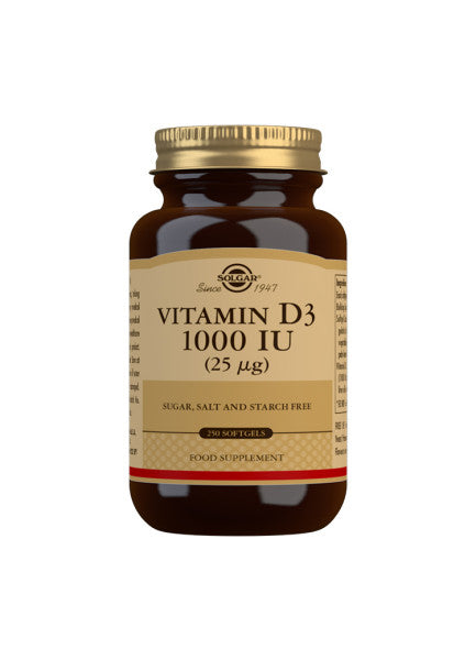 Glas med Solgar Vitamin D3 1000 IU, 250 softgels