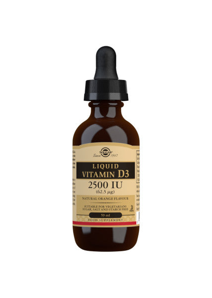 Flaske med Solgar Liquid Vitamin D3 2500 IU flydende D-vitamin, 59 ml