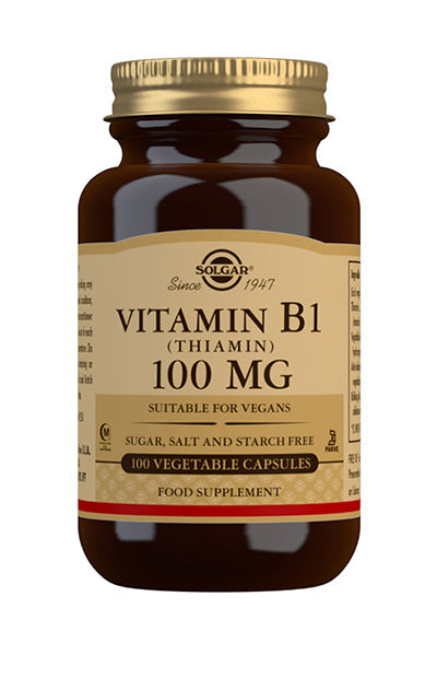 Glas med Solgar Vitamin B1 Thiamin 100 mg, 100 vegetabilske kapsler
