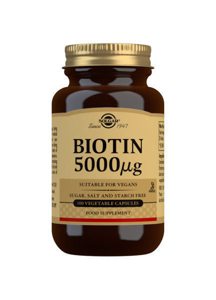 Solgar Biotin B7 5000 µg, pakning med 100 kapsler