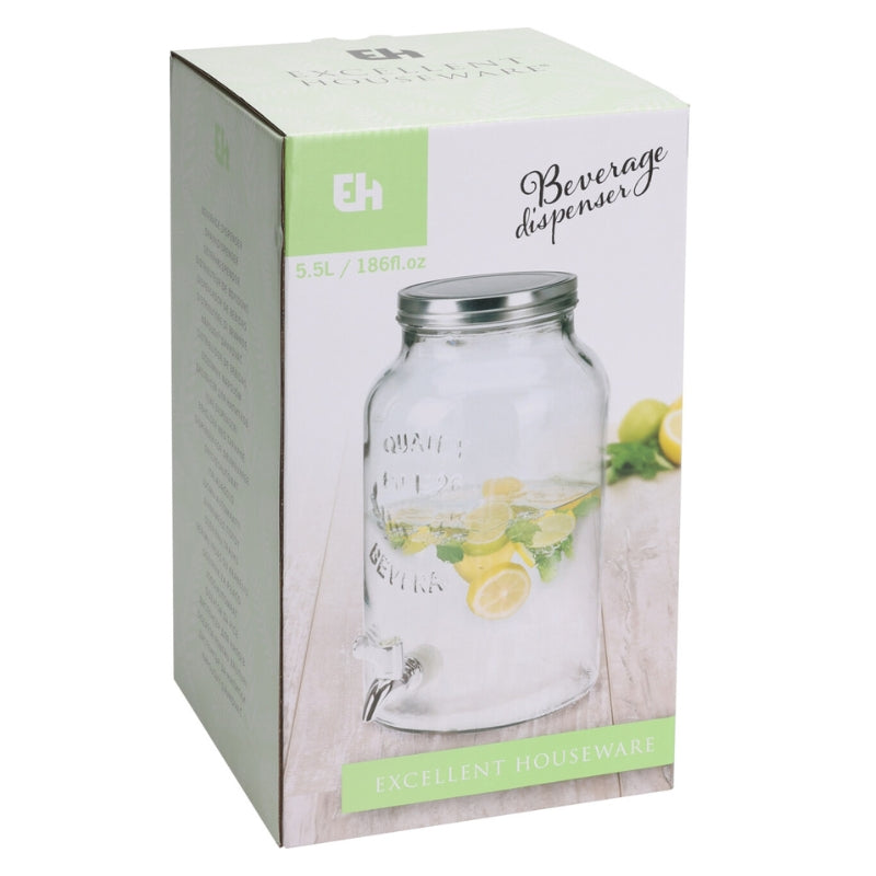 Drikkevaredispenser i glas fra Koop på 5,5 liter med integreret tappehane