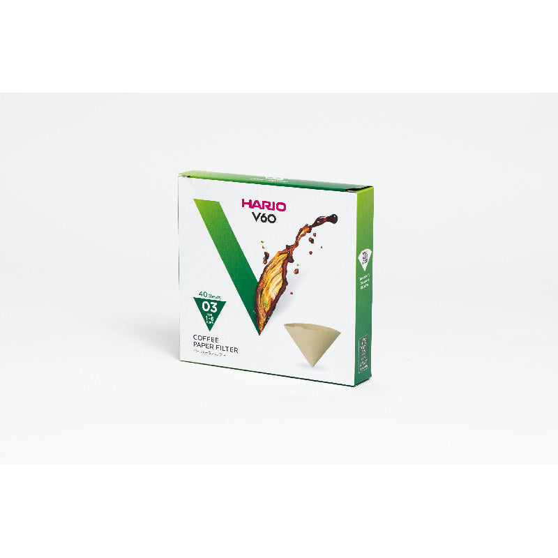 Pakke med Hario V60 kaffefiltre str. 03 i ubleget naturpapir