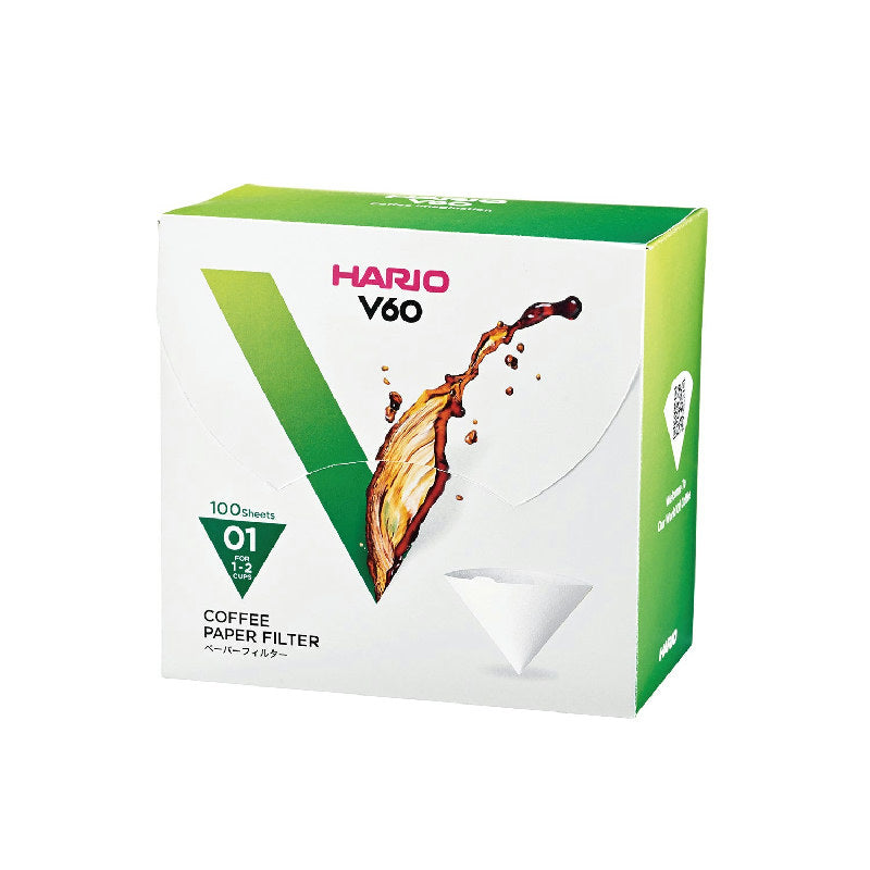 Æske med hvide Hario V60 kaffefiltre i størrelse 01, 100 stk.