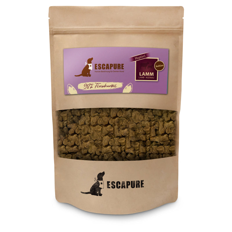 Pakke med Escapure softies med lam, godbidder til hunde, 1 kg