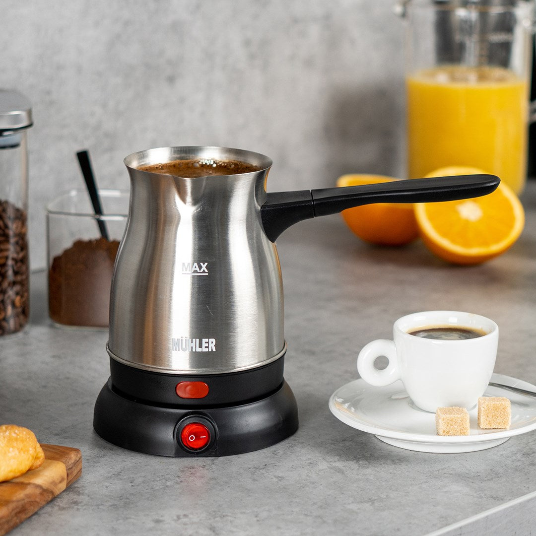 Termomax elektrisk tyrkisk kaffekande i rustfrit stål med sort håndtag på base