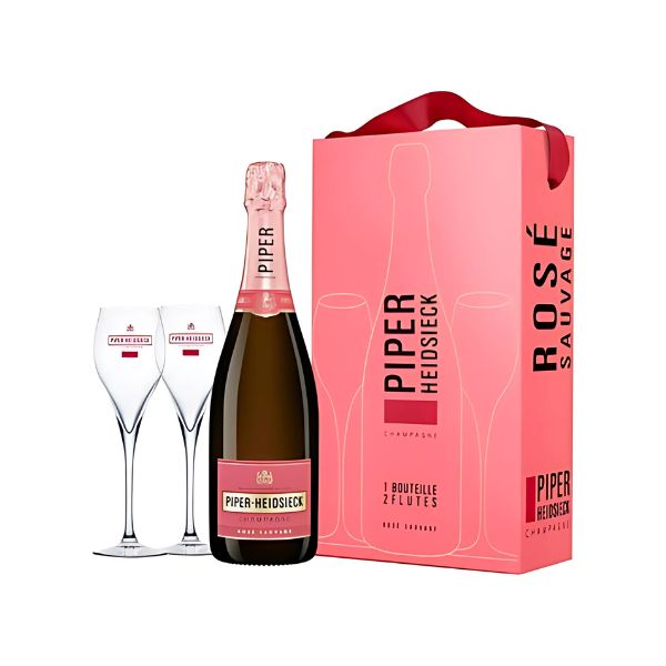 Piper-Heidsieck Rosé Champagne Brut i gaveæske med to glas