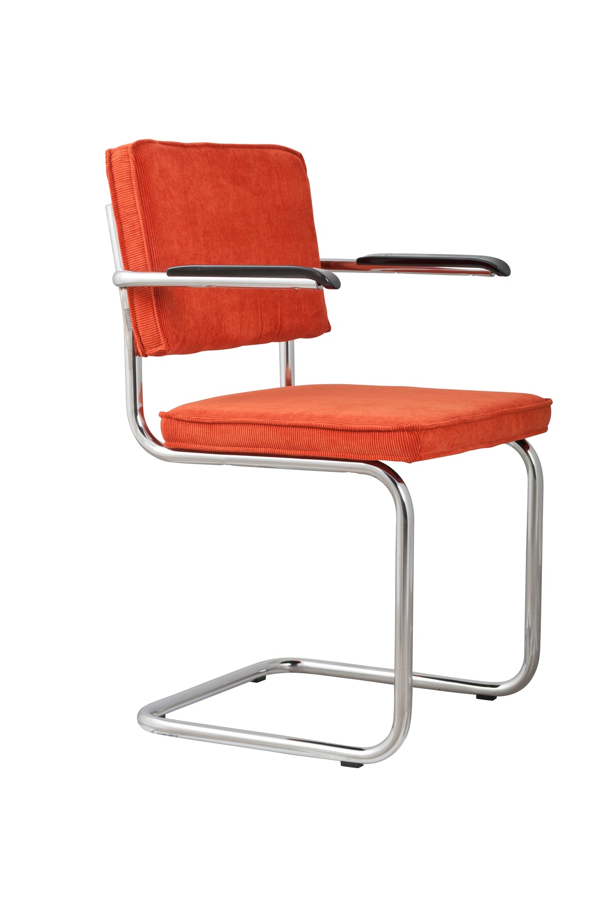 Zuiver Ridge Rib lænestol med armlæn i orange fløjl polyester og sølv krom