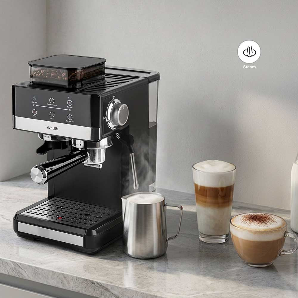 Espressomaskine fra Mühler med indbygget kværn og mælkeskummer, 20 bar