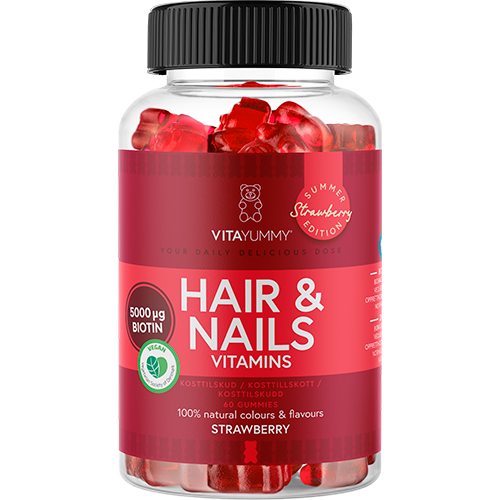Pakning med VitaYummy Hair & Nails Strawberry Summer Edition vitamin-vingummier, 60 stk