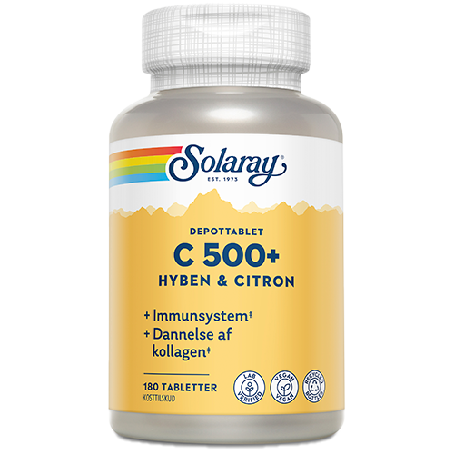 Beholder med Solaray C500+ Hyben og Citron, vitamin C-tabletter, 180 stk.