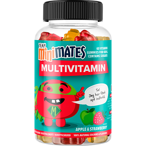 Pakke med Team MiniMates Multi Vitamin gummies til børn, æble og jordbær, 60 stk.