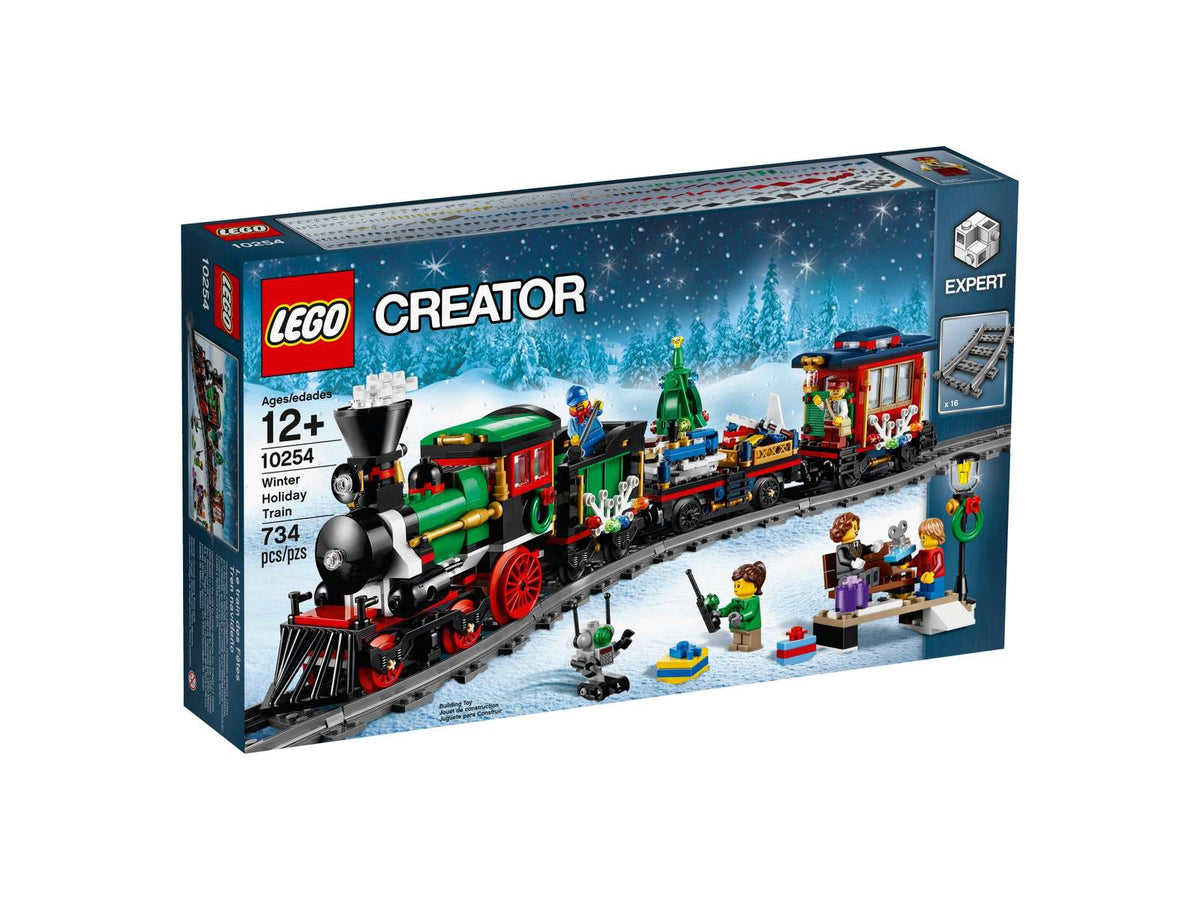 LEGO Creator Juletog 10254 med lokomotiv, vogne, skinnecirkel og trinbræt med bænk og lygtepæl