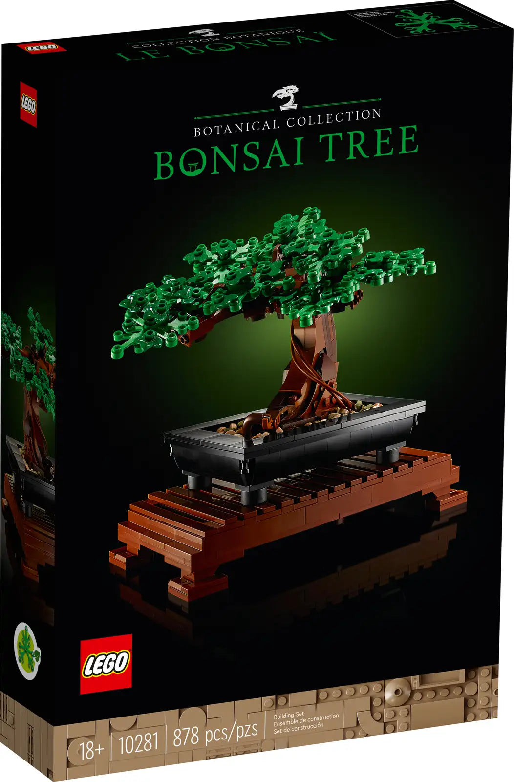 LEGO Botanicals Bonsaitræ 10281, model af bonsaitræ med grønne blade eller lyserøde blomster