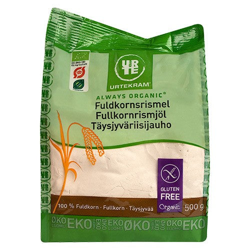 Pakke med Urtekram fuldkorns rismel, økologisk, 500 gram