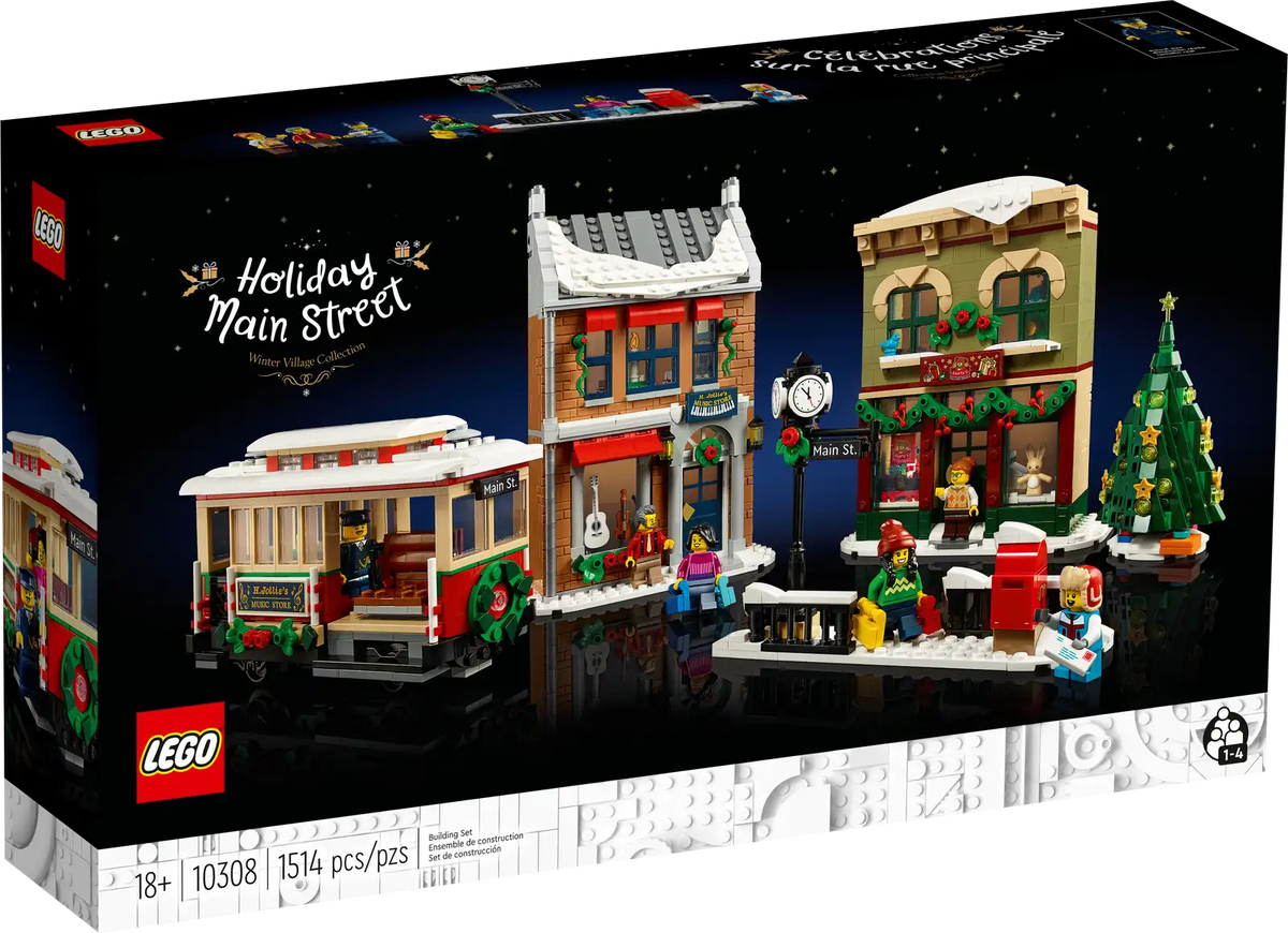 LEGO Julepyntet hovedgade 10308 fra Vinterlandsbyen med legetøjsbutik, musikbutik og julepyntede facader