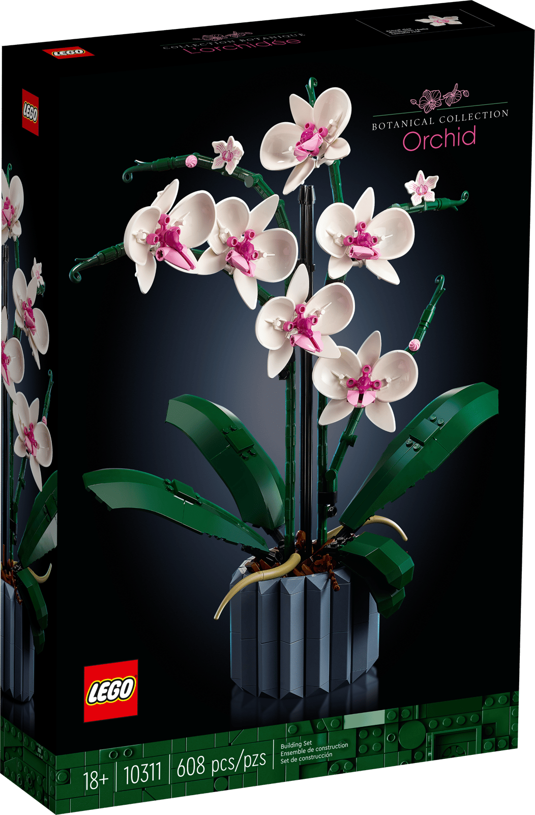LEGO Orkidé 10311, model af en orkidé med hvide og lyserøde blomster i vase