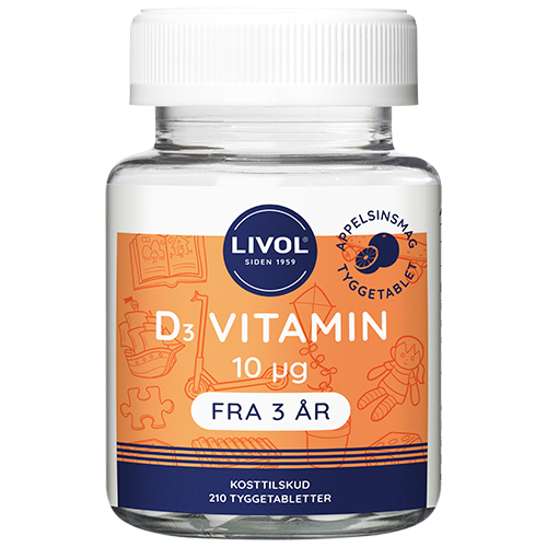 Pakke med Livol D-vitamin 10 µg tyggetabletter, 210 stk.
