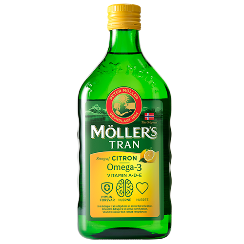 Flaske med Møllers Tran med citron, flydende kosttilskud på 500 ml