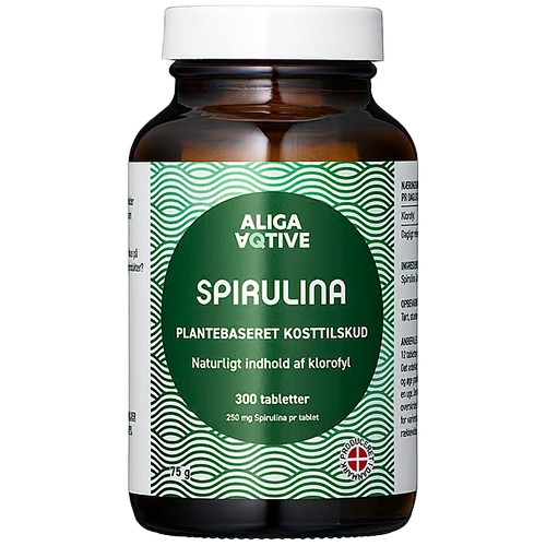 Pakning med Aliga Aqtive Spirulina, vegansk kosttilskud, 300 tabletter