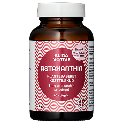 Pakning med Aliga Aqtive Astaxanthin 8 mg, 60 softgel-kapsler med astaxanthin fra alger