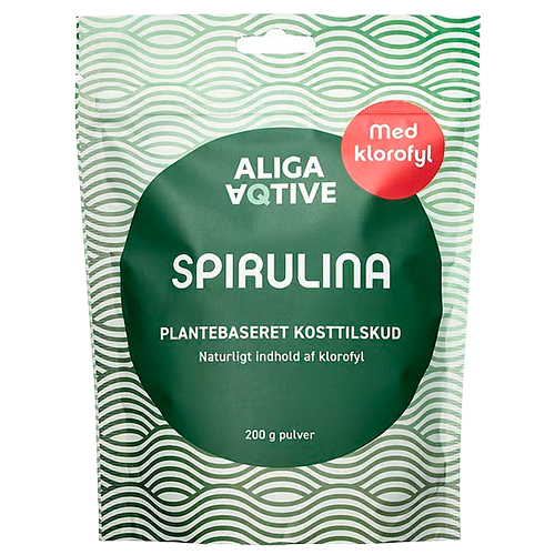 Pose med Aliga Aqtive Spirulina pulver, vegansk, 200 g