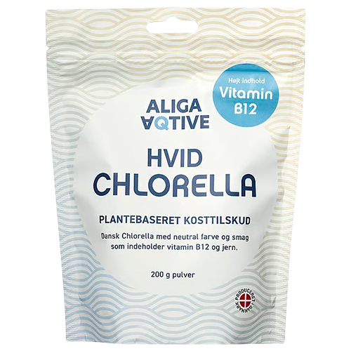 Beholder med Aliga Aqtive Hvid Chlorella pulver, vegansk kosttilskud, 200 g