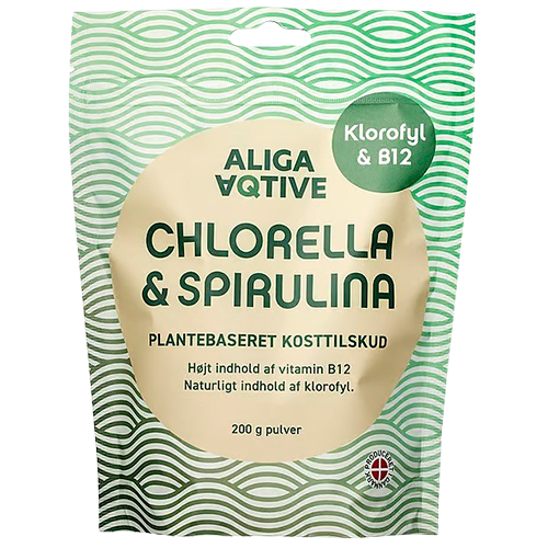 Pose med Aliga Aqtive Chlorella og Spirulina pulver, 200 g