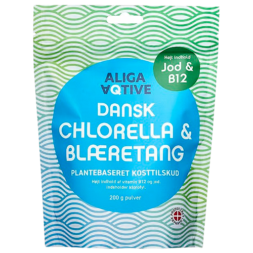 Pose med Aliga Aqtive Chlorella og Blæretang pulver, 200 g