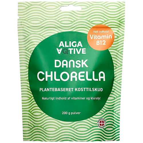 Aliga Aqtive Chlorella Pulver, danskdyrket vegansk chlorellapulver i pakke med 200 g