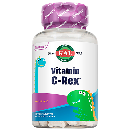 Pakning med KAL DinoSaurs Vitamin C-Rex tyggetabletter med appelsinsmag