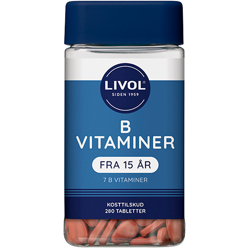 Pakning med Livol B-vitamin kosttilskud, 280 gelatinefri tabletter med syv B-vitaminer