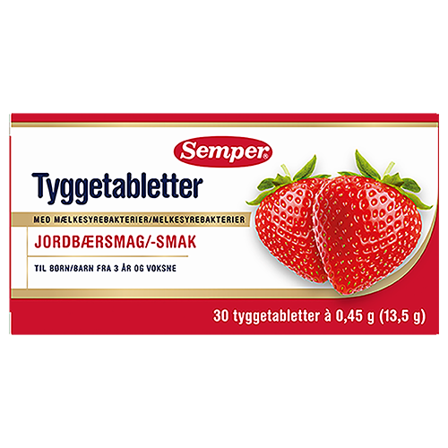 Pakning med Semper tyggetabletter med mælkesyrebakterier og jordbærsmag