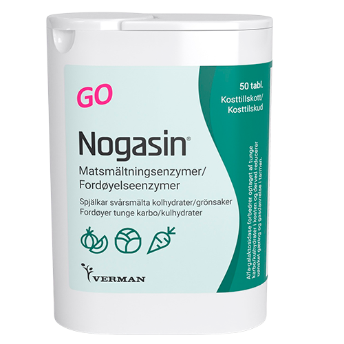 Pakke med Biosym Nogasin GO tyggetabletter med alfa-galaktosidase, 50 stk.