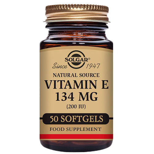 Pakning med Solgar Vitamin E 134 mg kosttilskud, 50 softgels