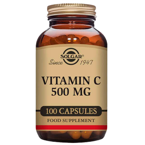 Solgar Vitamin C 500 mg kosttilskud i glas med 100 kapsler
