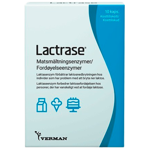 Pakke med Lactrase kosttilskud med laktaseenzym, 10 kapsler