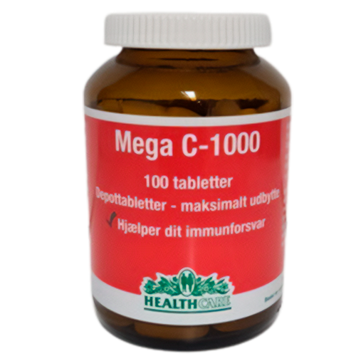 Glas med Health Care Mega C-1000 C-vitamin depottabletter, 100 stk.