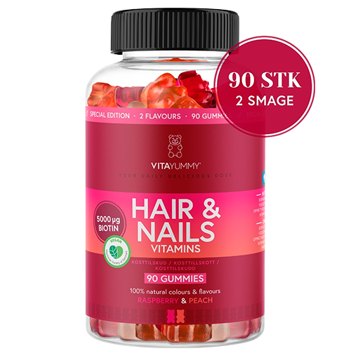 Pakke med VitaYummy Hair & Nails Mixed kosttilskud med fersken- og hindbærsmag